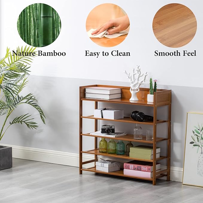 Bamboo Shoe Rack Organizer, 5 Tier Shoe Shelf Storage Organizer, for Entryway, Hallway, and Closet (Brown-31.5)