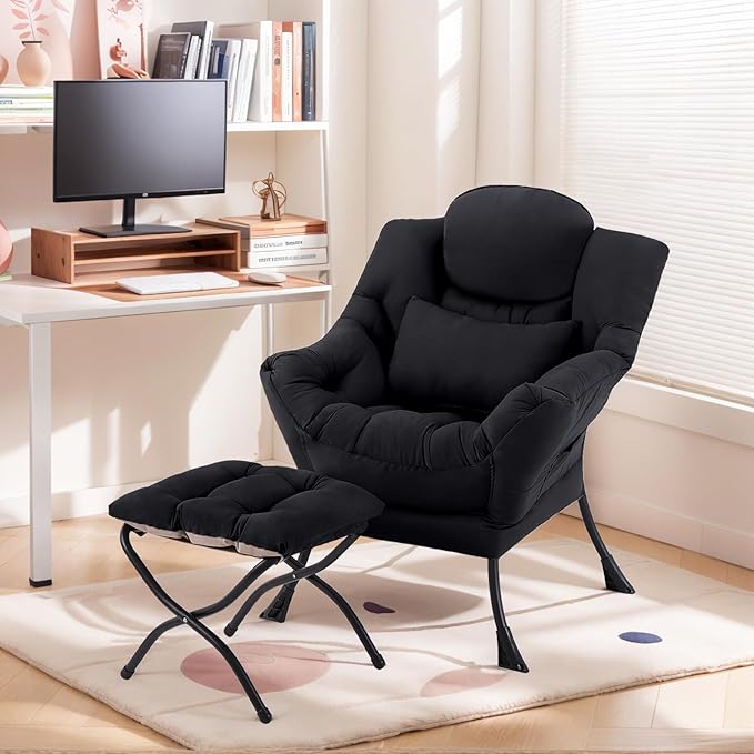 Lazy Chair with Ottoman, Comfy Fabric Accent Lounge Arm Chair with Lumbar Pillow and Folding Footrest, Reading Leisure Sofa Chair for Bedroom, Living Room, Dorm,Black