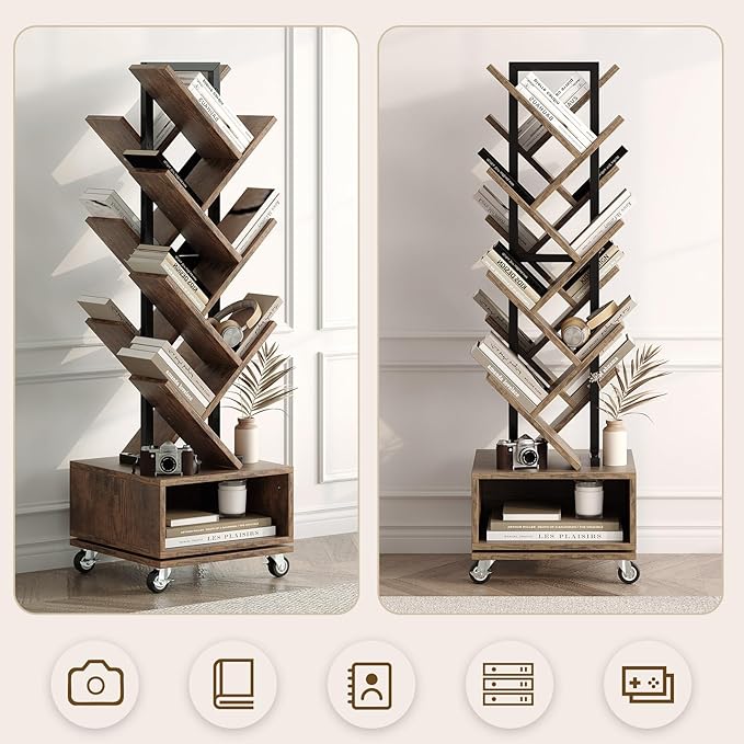 49" Rotating Tree Bookshelf, 7 Tier Double Sided Shelf, Wood Corner Bookshelf with Wheels, 360 Display Spinning Bookcase Storage Rack, Ideal for Small Rooms, Easy Assembly, Rustic Brown