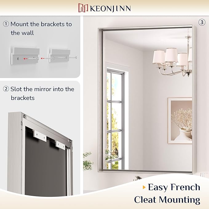 Keonjinn 24 x 36 In Brushed Nickel Bathroom Mirror, Rectangular Metal Framed Wall Vanity Mirror for Over Sink Square Corner Aluminum Alloy Modern Farmhouse Rectangle Silver Mirror(Horizontal/Vertical)