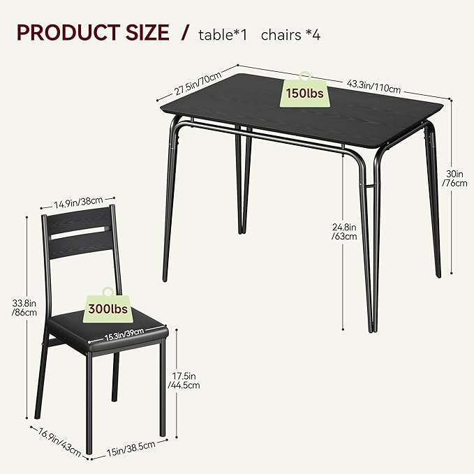 5 Piece Dining Table Set for 4, Compact Square Table Chairs, Sturdy MDF Top, Metal Frame, Space-Saving Breakfast Set for Kitchen, Apartment, Office, Easy Assembly Wipe-Clean