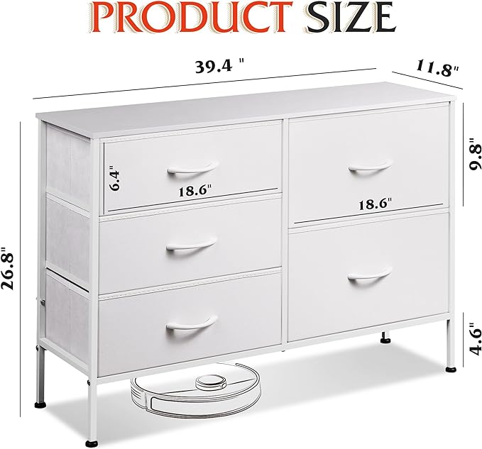 WLIVE White Dresser for Bedroom with 5 Drawers, Fabric Dresser for Living Room, Wide Chest of Drawers for Bedroom, Closet, Hallway, White