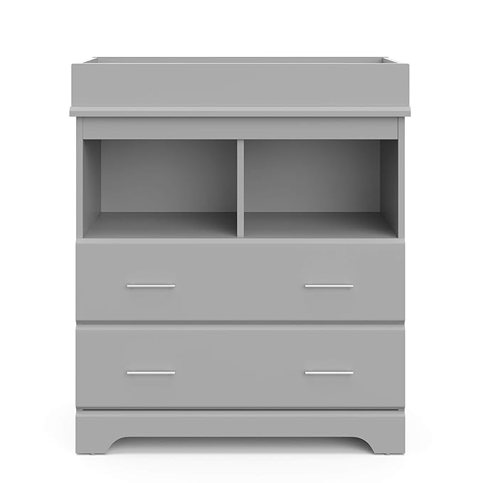 Storkcraft Brookside 2 Drawer Changing Table Dresser (Pebble Gray) – GREENGUARD Gold Certified, Easy-to-Match Chest of Drawers and Cubbies for Nursery and Kids Bedroom, Includes Changing Table Topper