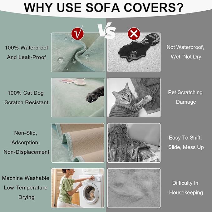 STACYPIK Light Green Waterproof Couch Cover, Anti-Scratch Resistant Sofa Cover for 3 Cushion Couch, Non-Slip Couch Covers for Sectional, Washable Furniture Protector for Kid Pet Dog Cat-71X134IN