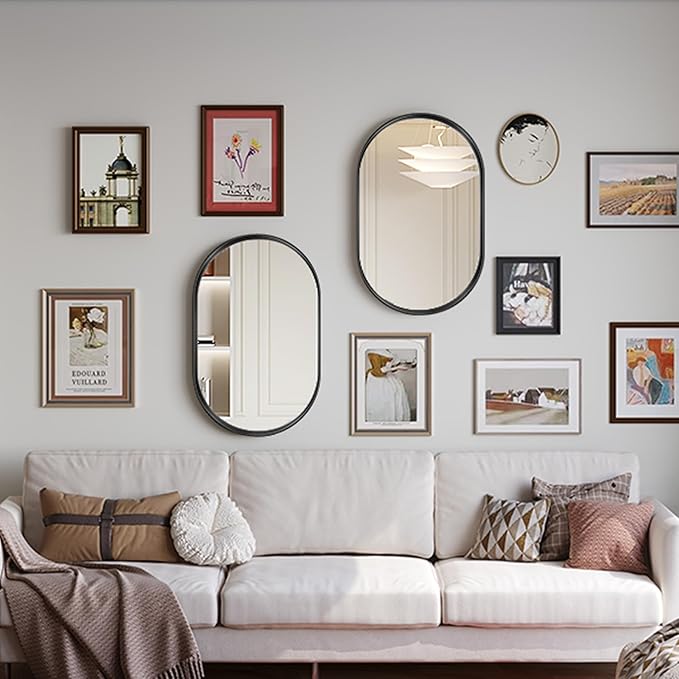 2 Pack Black Oval Mirrors, 20" x 33" Double Modern Mirror for Living Room, Black Frame Mirror for Over Sink Bedroom Fireplace Entryway Hang Vertical and Horizontal