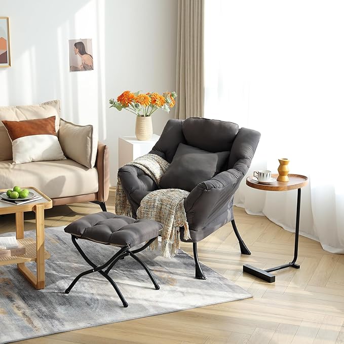 Lazy Chair with Ottoman, Comfy Reading Lounge Chair with Footstool & Throw Pillow Modern with Armrests & Side Pocket for Living Room, Bedroom, Dorm Room, Dark Grey