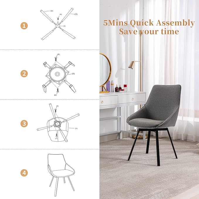 Dining Chairs Set of 2 Dark Grey Living Room Chairs Fabric Upholstered Kitchen Chairs,Loads Up to 270lbs,Quick Assembly,Swivel Dining Chair