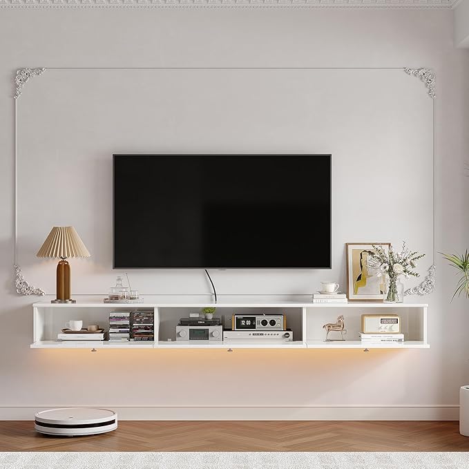 Retro Floating TV Console with 3 Doors,70'' High Gloss Floating TV Stand,Wall Mounted TV Cabinet,Contemporary Floating Media Console for Under TV Storage,Living Room,Bedroom(White)