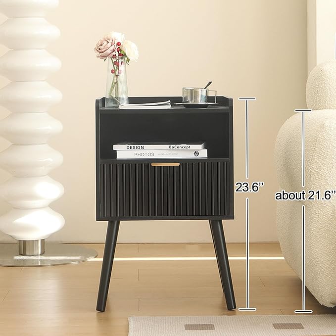 AWASEN Black Fluted Nightstand, Modern Bedside Table with Storage Drawers, Small Night Stand Bed Side Table with Solid Wood for Living Room, Bedroom, Office and Small Space (Black)
