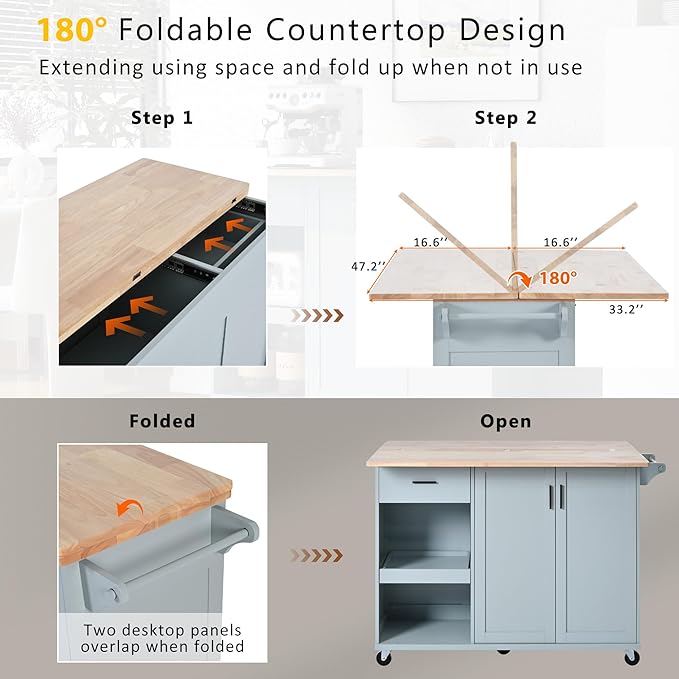 49" Kitchen Island with Foldable Counter Top,Kitchen Storage Cart W/Slide-Out Shelf,Towel Rack and Drawer,Rolling Kitchen Cart on Wheels,for Kitchen,Living Room,Dining Room,Grey Blue