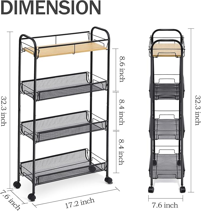 KINGRACK 4-Tier Slim Rolling Cart,Metal Utility Cart,Slide Out Storage Cart with Wooden Tabletop and Mesh Baskets for Narrow Space on Kitchen Bathroom Laundry Room Bedroom Apartments Dormitory, Black