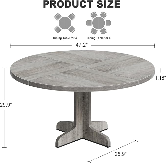 Garvee 47 Inch Round Dining Table for 4, Farmhouse Kitchen Dining Room Circle Dinner Table, Kitchen Dining Room Furniture, Grey (Table Only)