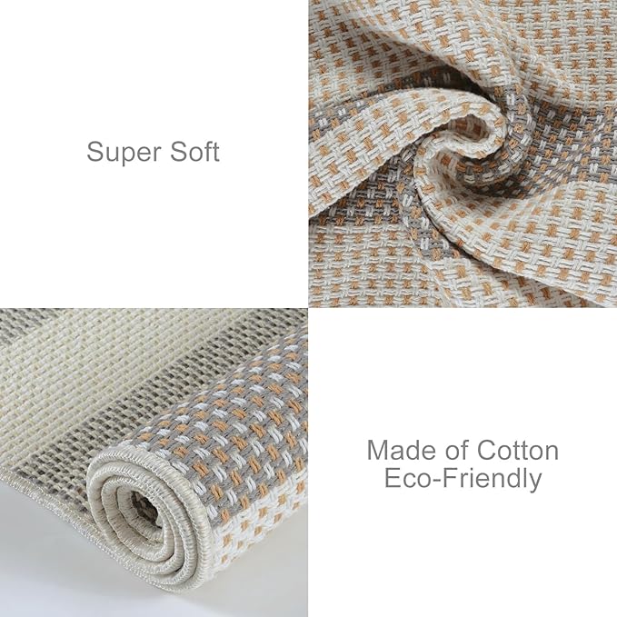 OJIA Front Door Rug 24"x51" Washable Checkered Rug Cotton Woven Small Outdoor Rug Kitchen Entryway Rugs Indoor Doormat Outdoor Entrance Porch Carpet for Bathroom Bedroom (Gray/White/Tan)