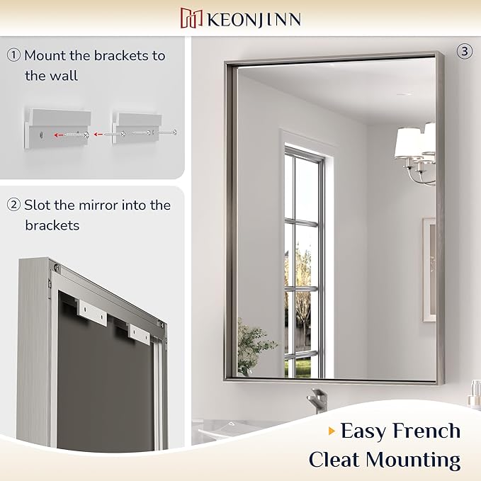 Keonjinn 48 x 40 in Brushed Nickel Bathroom Mirror, Rectangular Wall Metal Framed Vanity Mirror Square Corner Aluminum Alloy Modern Rectangle Wall-Mounted Mirror(Horizontal/Vertical)