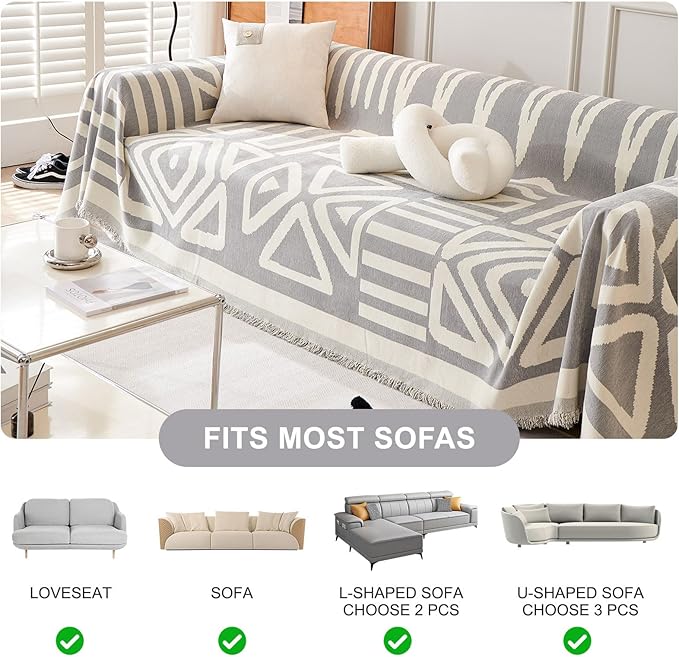 STACYPIK Boho Gray White Cream Sofa Cover Reversible Triangle Geometric Couch Cover Protector Cover Washable Jacquard Furniture Protector for 3 Cushion Couch Multi-Use Sectional Sofa Cover-91X150IN