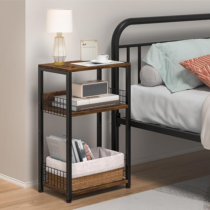 LELELINKY End Table with Storage, Brown Nightstand for Small Spaces,3 Tier Record Player Stand with Vinyl Storage Shelf, Sofa Couch Side Tables for Living Room Bedroom