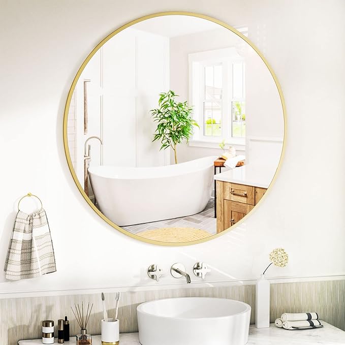 Round Mirror 36" Gold Wall Mounted Circle Mirrors Vanity Mirror with Aluminum Alloy Frame Modern Decoration for Bathroom, Living Room, Vanity, Bedroom, Entryway