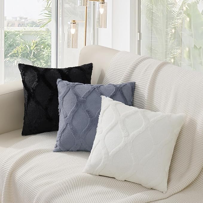 decorUhome Throw Pillow Covers 12x20 Inch Set of 2, Soft Plush Faux Fur Wool Lumbar Black Couch Pillow Covers, Decorative Neutral Pillow Cases for Bed Sofa Living Room Home Decor