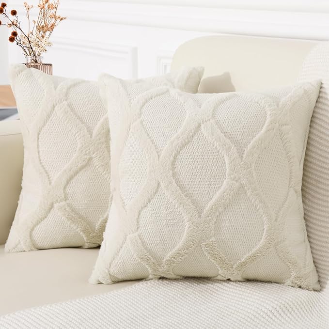 decorUhome Christmas Decorative Throw Pillow Covers 20X20 Set of 2, Soft Plush Faux Fur Wool Pillow Covers for Couch Bed Sofa Living Room, Beige