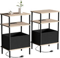 Small Side Table with Charging Station, Set of 2 End Table for Small Spaces, Slim Nightstand with Outlet,Sofa Beside Table, 3-Tier Storage Shelf,Living Room, Bed Room, Natrual Walnut