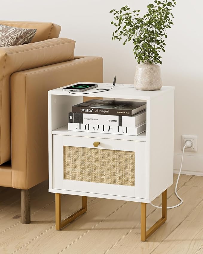 Masupu Rattan Nightstand with Charging Station,Modern Boho Farmhouse Wood Bedside Table with Storage Drawer and Open Shelf,Small Gold Frame Side End Table for Bedroom,Living Room,Office White