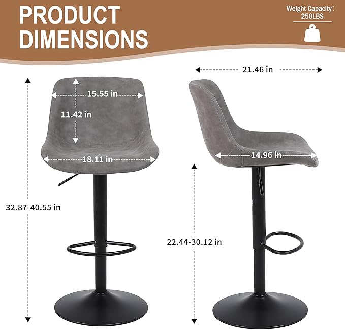 Bar Stools, Swivel Counter Height Barstools with Back, Adjustable Modern Bar Chairs, Tall Armless PU Leather Kitchen Island Stool (Grey, Set of 2)