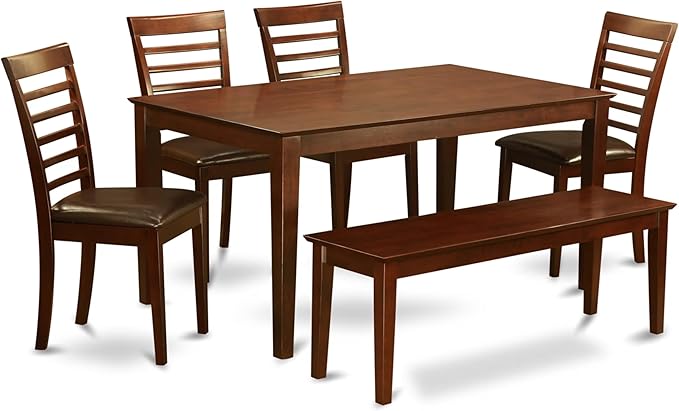 East West Furniture CAML6C-MAH-LC 6 Piece Dining Table Set Contains a Rectangle Dining Room Table and 4 Faux Leather Upholstered Chairs with a Bench, 36x60 Inch, Mahogany