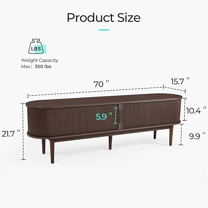 LINSY 70" Fluted TV Stand, Modern Entertainment Center for TVs Up to 80 inches, TV Console with Sliding Doors, Curved Profile Design, Media Console for Living Room, Walnut
