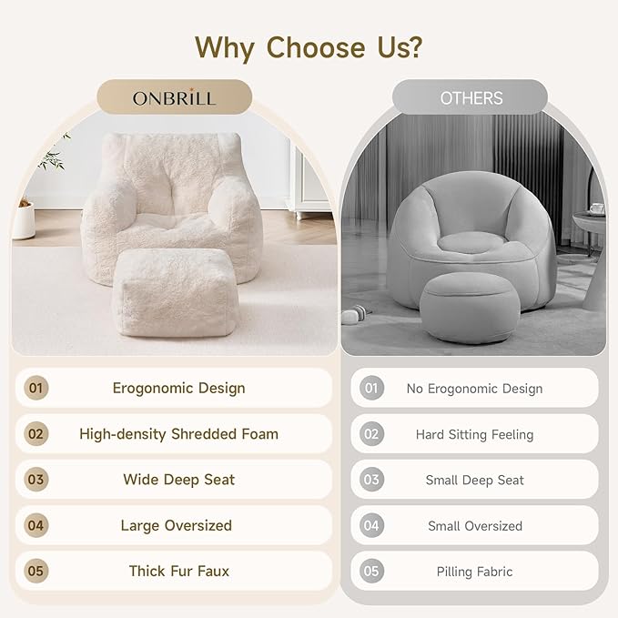 Giant Bean Bag Chairs for Adults with Ottoman, Faux Fur Boneless Chaise Couch Filler with Memory Foam,Large BeanBag Lounge Lazy Floor Sofa Accent Chair for Living Room,Bedroom & Game Rooms