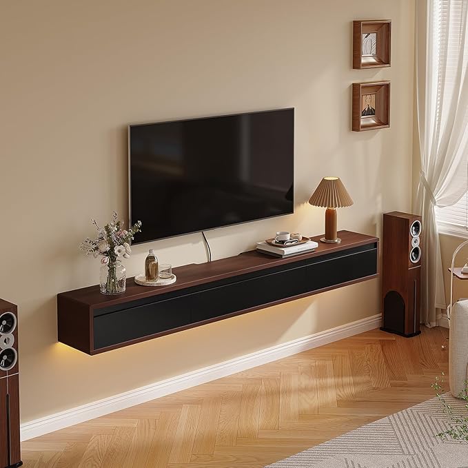 Floating TV Stand Matte Finish, 47'' Wall-Mounted TV Cabinet,Floating TV Console,Under TV Shelf with 3 Doors for Living Room Bedroom(Walnut+Black)