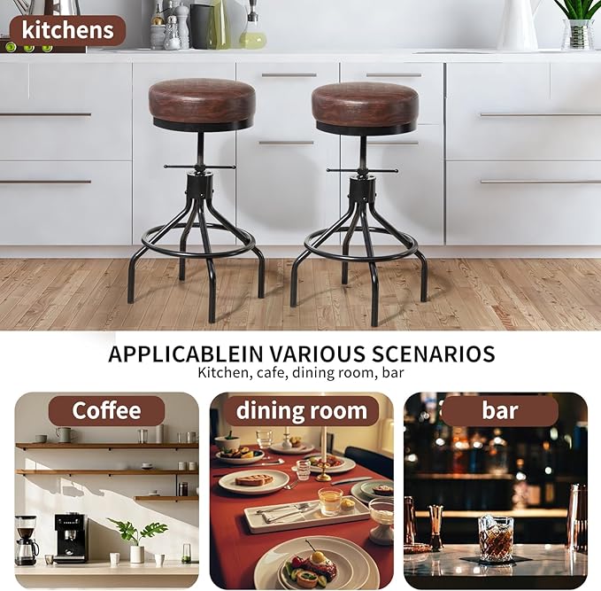 Industrial Barstools Set of 2 Adjustable Swivel Round Bar Stools Modern PU Leather 28inch Backless Counter Height Stool Metal Bar Chair for Kitchen Island (2, Walnut)