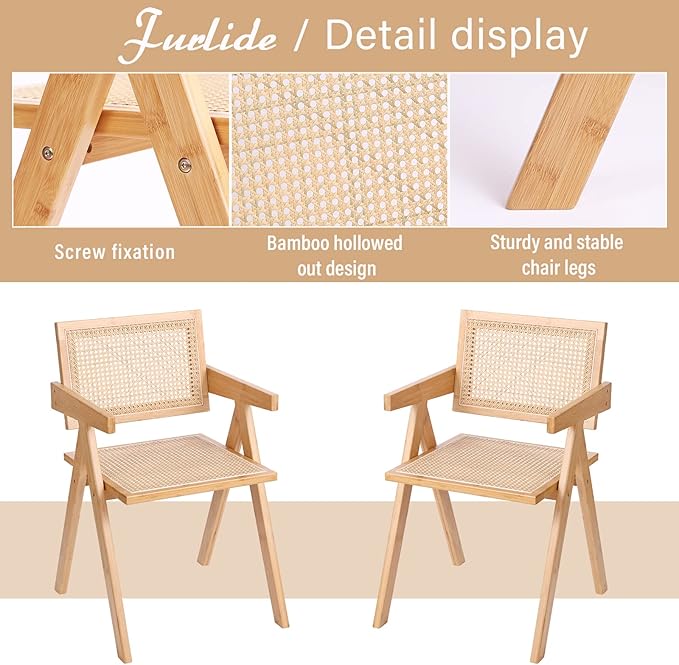 Rattan Dining Chairs Set of 4, Modern Mid Century Accent Chairs, Comfy Armchairs, Outdoor Rattan Chairs with Armrest for Bedroom Living Room Reading Room Dining Kitchen