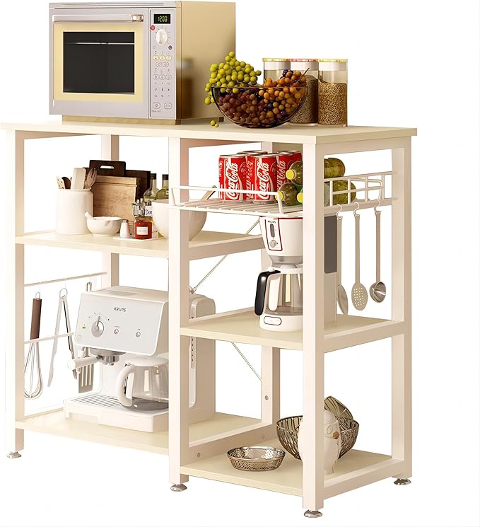 soges Kitchen Bakers Rack with 5 Hooks, Microwave Stand, Coffee Bar Station, Industrial Storage Shelf with Wire Basket, Adjustable Feet, Sturdy Metal Frame for Kitchen, Pantry, Living Room, White Oak