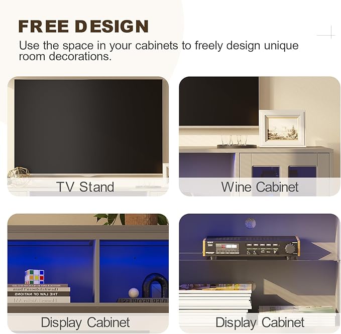 4-Piece Wall Unit TV Stand with Storage & LED Lights for TVs up to 75", Modern Entertainment Center with Bookshelves & 4-Door Pantry Cabinet, Gray