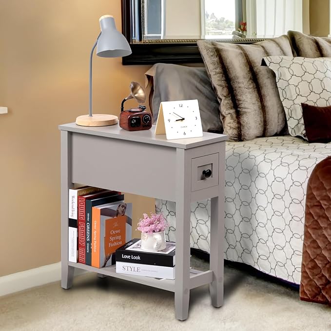 Gery 2 Pack Chairside Narrow End Table with Drawer, Solid Recliner Side Table with Storage Shelf, Slim Nightstand Bedside Table for Bedroom