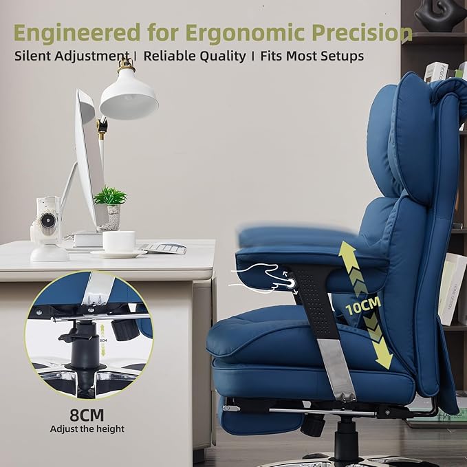 Efomao Big and Tall Office Chair with Footrest – High Back Computer Chair with Adjustable Armrests，Executive Office Chair with Wide Seat, Modern Desk Chair for Home Office, Gaming, or Study, Blue