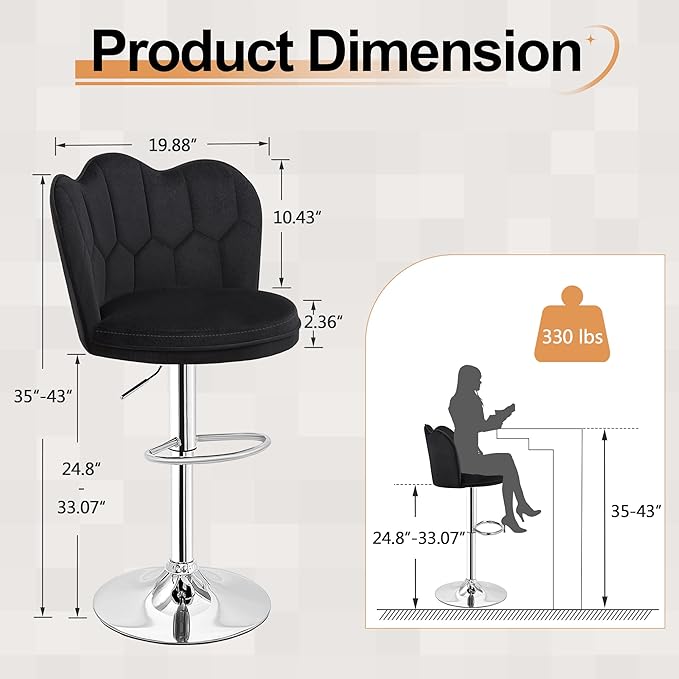 VECELO Bar Stools Set of 2, Adjustable Barstools with Back, Velvet Armless Counter Height Stool Kitchen Island Stool Swivel Bar Chairs for Pub Dining Room Living Room, Black