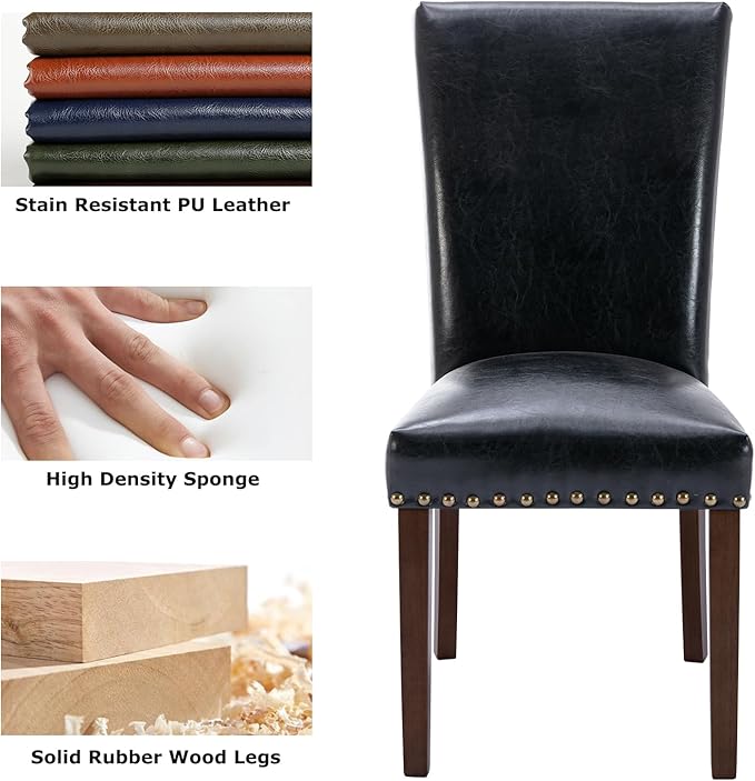 COLAMY Upholstered Parsons Dining Chairs Set of 2, PU Leather Dining Room Kitchen Side Chair with Nailhead Trim and Wood Legs - Black