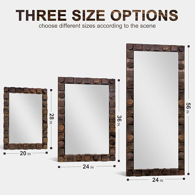 28x20 Inch Handcrafted Solid Wood Square Wall Mirror with Geometric Wood Inlay Design, Rustic Natural Texture for Bathroom, Bedroom, Living Room Decor