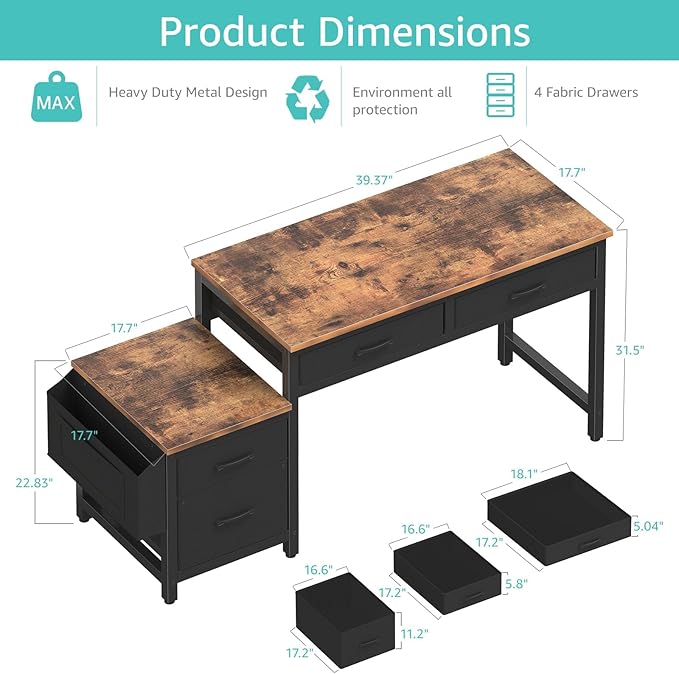 Lufeiya Computer Desk with Fabric File Drawers Cabinet, 57 Inch Home Office Desks with Filing Cabinet Printer Stand for Small Space, Study Writing Table PC Gaming Desks for Bedroom, Brown Black