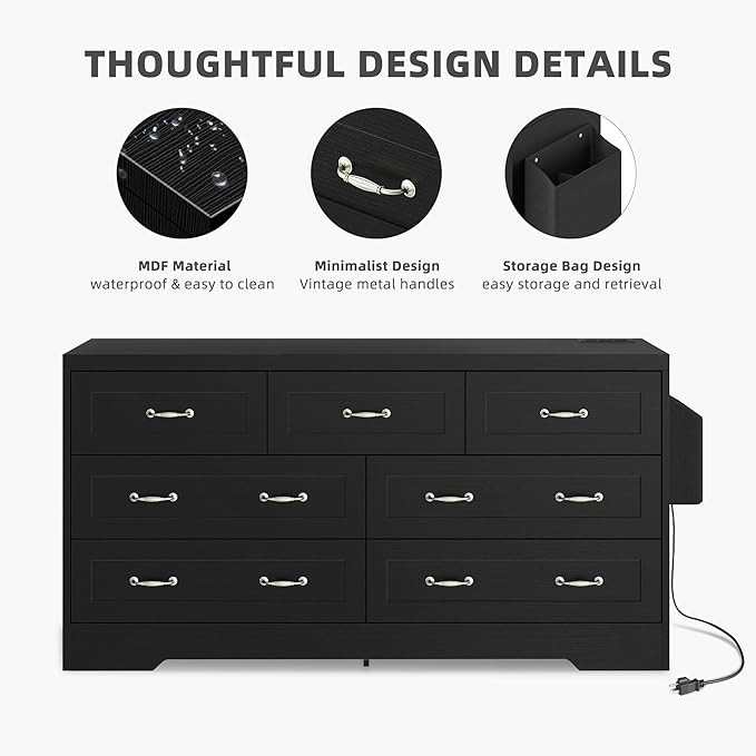 YITAHOME Drawers TV Stand for 65 inches with Power Outlets -Chest of Drawers Dresser with Side Organizer Bag Entertainment Center TV Console, Black