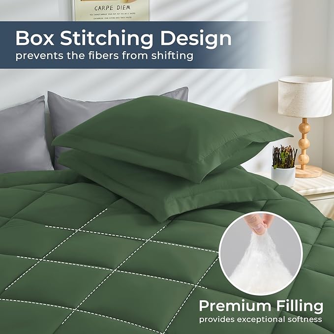 HEVUMYI Full Comforter Set - 7-Piece All Season Bed in a Bag Full, Ultra Soft Bedding Set with Comforter, Flat Sheet, Fitted Sheet, Pillowcases, Pillow Shams, Green & Light Grey