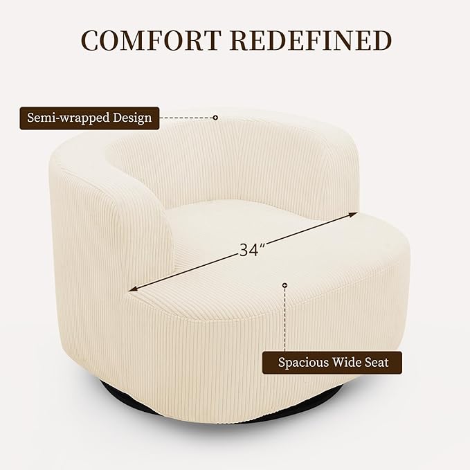 Furnimart 360° Swivel Barrel Accent Chair Set of 2, Round Upholstered Comfy Lounge Chair, Corduroy High-Resilienc Foam Single Sofa, No Assembly Wide Seat for Living Room, Bedroom, Apartment (Beige)