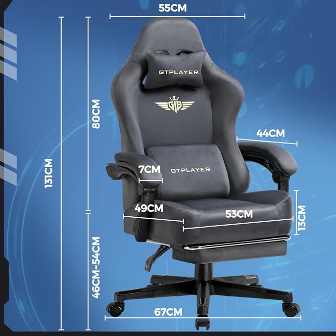 GTPLAYER Gaming Chair Fabric with Pocket Spring Cushion, Big and Tall Gamings Chairs 350LBS High Back Computer Chair with Footrest for Adults Lumbar Support Swivel Game Chair for Office Dark Grey