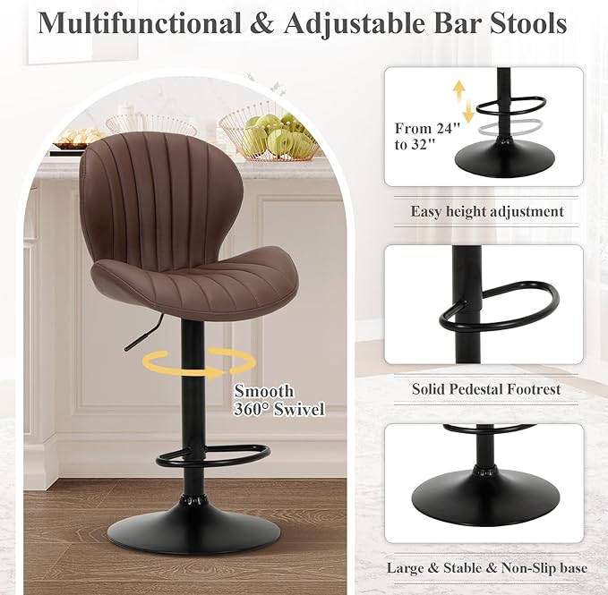 COLAMY Bar Stools Set of 6, Modern Swivel Bar Chairs, Adjustable Faux Leather Upholstered Barstools Counter Height with High Backrest for Bar, Kitchen Island, Dining Room, Brown