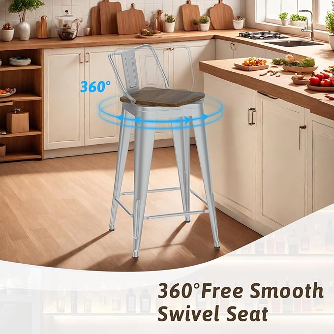 24 Inch Swivel Bar Stools Set of 4, Counter Height Bar Stools with Low Back, Metal Industrial Bar Chairs for Kitchen Island (Silver)