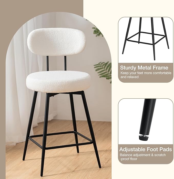 HOMMPA Swivel Bar Stools Set of 3 Counter Height Bar Stools Chiars 26'' Boucle Upholstered Modern Counter Barstools with Back Metal Legs Bar Chairs for Kitchen Counter Island White