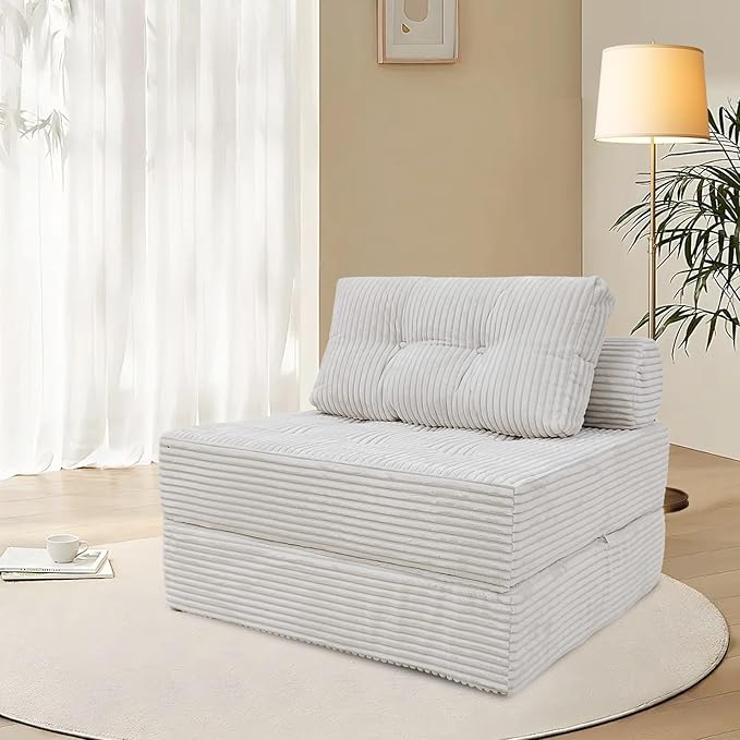 ANONER Folding Sofa Bed, Versatile Convertible Sleeper Chair with Pillow, Futon Fold Out Chair Bed, Memory Foam Chaise Lounge, Cozy Floor Couch for Living Room and Bedroom, Beige