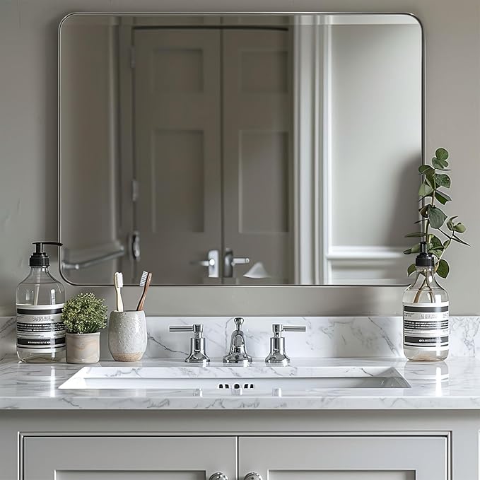 ANDY STAR 36"x48"Chrome Bathroom Mirror, Large Wall Mirror for Bathroom, Rounded Rectangle Mirror in Premium Stainless Steel Metal Frame Hangs Horizontal Or Vertical…
