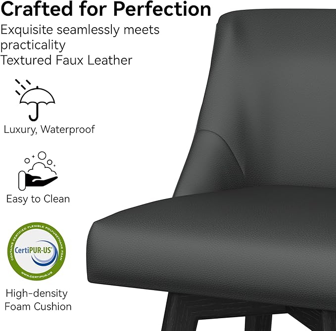 Counter Height Bar Stools Set of 2, Modern Swivel Barstools with Back and Wood Legs, Faux Leather Upholstered Counter Height Stools, 26" H Kitchen Island Stools,Home Bar, Black Grey